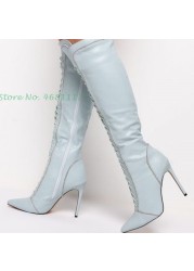 Light Blue Knee High Boots Lace-up Chic Pointed Toe Leather Splicing Long Boots Sweet Thin Heels Fashion Women Shoes Spring 2022