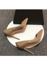 Khaki PU Leather Women Super 12cm High Heels Sexy Ladies Pointed Toe Stiletto 10cm Pumps Party Shoes Plus Size qkf008 ROVICIYA