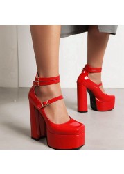 REAVE CAT Women Pumps Square Toe High Block Heels Buckle Straps Punk Platform Big Size 35-41 Solid Red Black Sexy Spring S3626