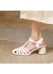 MEMUNIA 2022 new patent leather sandals woman round high heel shoes solid summer comfortable ladies rome shoes