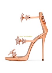 Crystal Star Decor Sandals Thin High Heels Open Toe Stiletto High Heels Ankle Strap Shoes Summer Dress Shoes Hot Sale