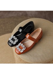 REAVE CAT 2022 Ladies Shoes Flats Square Toe Rhinestone Hook Loop Shallow Elegant Big Size 32-42 Solid Black Brown Spring S3625