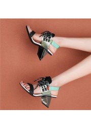 CONASCO Fashion Sexy Women Sandals Pumps Genuine Leather Exotic Heels Mixed Colors Cross-tied Woman Shoes Summer Casual Party