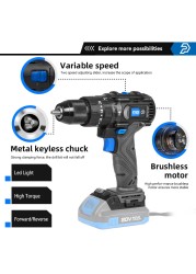 60NM Brushless Electric Hammer Drill Machine 20V Cordless Impact Screwdriver 13mm Steel Wood Construction Power Bare Tools PROSTORMER