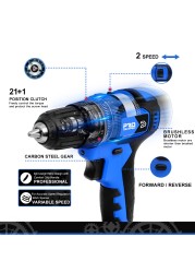 21V Volt Cordless Drill 40NM Brushless Mini Electric Driver Screwdriver 2.0Ah Battery Household Power Tools 5pcs Bits by PROSTORMER