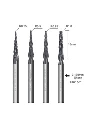 XCAN Tapered Ball Nose End Mill 1PC R0.25/R0.5/R0.75/R1.0 3.175mm Shank Carbide Wood Engraving Bit CNC Router Bit Milling Cutter