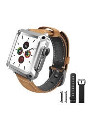 Bumper Case Genuine Leather Band for Apple Watch 6 SE 5 4 3 44mm 40mm Modification Tempered Film Kit for iWatch 42mm 38mm