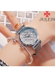 Julius Fashion Women's Japanese Quartz Watch With Check Board Leather Band Girls Birthday Gift Without Box