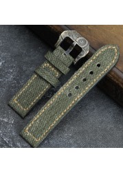 Handmade Canvas + Leather Watchband 20 22 24 26mm Compatible Bronze Strap Personalized Bronze Buckle