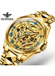 OUPINKE Brand Skeleton Watch for Man Luxury Automatic Mechanical Watch Japan Movement Waterproof Steel Strap Wristwatch