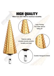 3pcs HSS Titanium Coated Step Drill Bit Set Stepped Cone Metal Hole Saw Cutter Metric 4-12/20/32mm Hex Tools