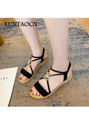 Rimocy Summer Cross Strap Crystal Sandals Women 2022 Comfortable Low Heels Open Toe Sandalias Woman Soft Bottom Casual Shoes Lady