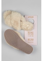 LatteLove Cream Sand Criss Cross Faux Fur Slide Slippers