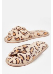 Oliver Bonas Brown Animal Print Faux Fur Knotted Slippers