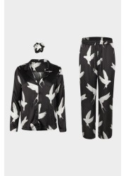 Oliver Bonas Black Sleepy Swallow Print Shirt, Trousers And Scrunchie Pyjama Set