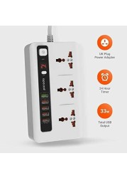 Porodo Power Socket Strip, 4 USB Port 3.4A + 1 Quick Charge 3.0 With 3 Universal Power Sockets 10A, Independent Power Switch With Timer,Sockets USB HUBS,Charging Station,Over Heat Protection (White)