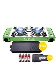 Falcon - Korean Double Butane Camping Stove with BBQ Stove / Humburger Tray & 4 Pieces of Butane Gas - Multi Color