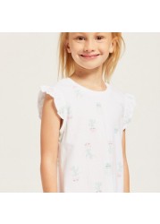 Juniors Print Round Neck Night Dress with Ruffled Sleeves - Set of 2