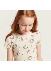 Sanrio Hello Kitty Print Dress with Round Neck and Short Sleeves