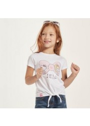 Sanrio Hello Kitty Print Round Neck T-shirt with Front-Tie Accent