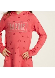 Barbie Print Sleep Dress with Hooded Neck and Long Sleeves