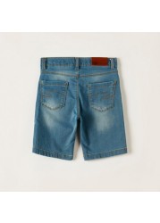 Lee Cooper Solid Denim Shorts with Pocket Detail and Button Closure