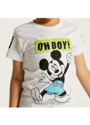 Disney Mickey Mouse Print T-shirt with Crew Neck and Short Sleeves