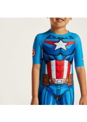 Captain America Print Swimsuit with Round Neck and Short Sleeves