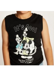 Disney Mickey Mouse Print Sleeveless T-shirt with Crew Neck