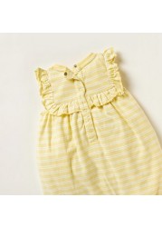 Juniors Striped Sleeveless Romper with Ruffle Detail and Button Closure