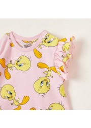 Tweety Printed Round Neck Knit Dress with Cap Sleeves