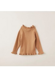 Juniors Solid Pullover with Long Sleeves and Ruffle Detailed Neck