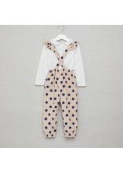 Giggles Solid Long Sleeves T-shirt with Polka Dot Print Dungarees