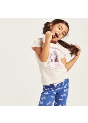 Barbie Print T-shirt and Contrast Full-Length Pyjama Set