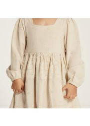 Schiffli Textured A-line Dress with Long Sleeves