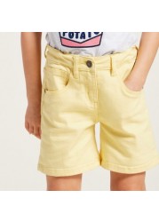 Juniors Solid Denim Shorts with Pockets and Button Closure