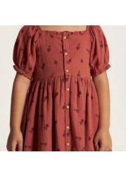 Embroidered Square Neck A-line Dress with Short Sleeves