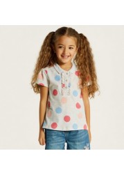 Juniors Polka Dot Polo T-shirt with Ruffles and Short Sleeves