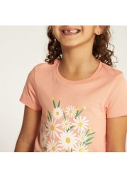 Juniors Floral Print Round Neck T-shirt with Short Sleeves