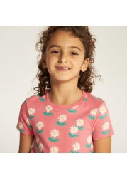 Juniors Floral Print Round Neck T-shirt with Short Sleeves