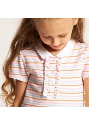 Juniors Striped Polo T-shirt with Ruffles and Short Sleeves