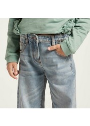 Juniors Solid Denim Pants with Pockets and Button Closure