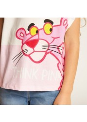 Pink Panther Print T-shirt with Extended Sleeves and Round Neck