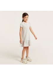 Juniors Striped Tiered Dress with Short Sleeves and Polo Neck