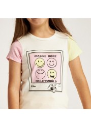 Smiley World Printed Crew Neck T-shirt with Cap Sleeves