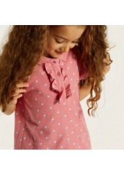 Juniors Heart Print Polo T-shirt with Short Sleeves and Ruffle Detail