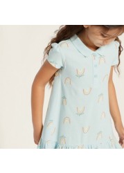 Juniors Printed Polo Dress with Cap Sleeves and Button Closure