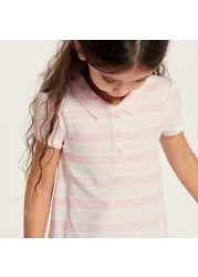 Juniors Striped Polo Dress with Cap Sleeves and Button Closure