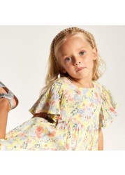 Juniors Floral Print Dress with Round Neck and Flutter Sleeves