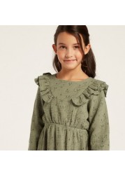 Love Earth Printed Organic Dress with Long Sleeves and Ruffle Detail